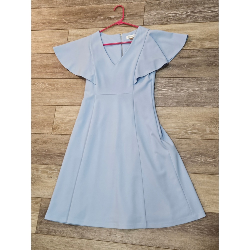 Calvin Klein Light Blue Flutter Sleeve V-Neck Fit and Flare Dress Size 4